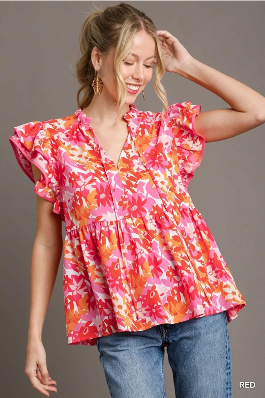Double Flutter Sleeve Floral Top