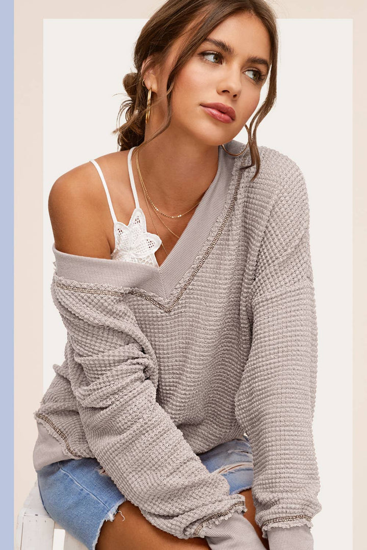 Loose Fit V-neck Waffle Textured Long Sleeve Top