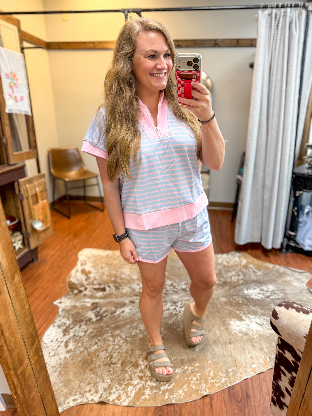 HALF ZIP UP STRIPED TOP AND SHORTS SETS