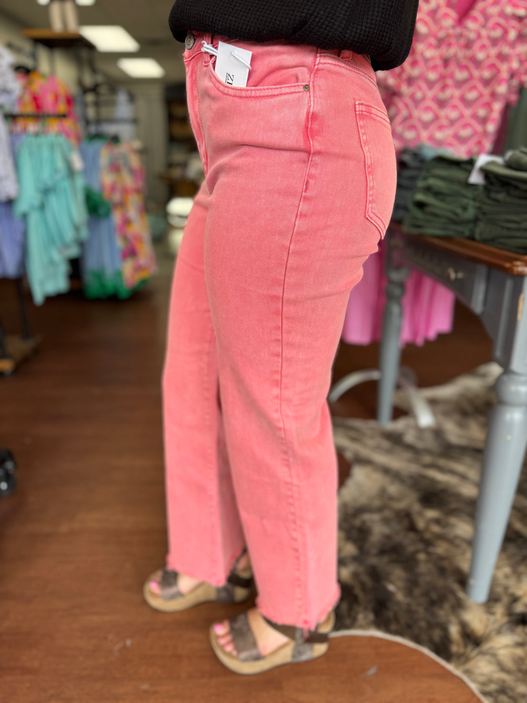 Ally Acid Washed High Waist Frayed Hem Flare Crop Pants