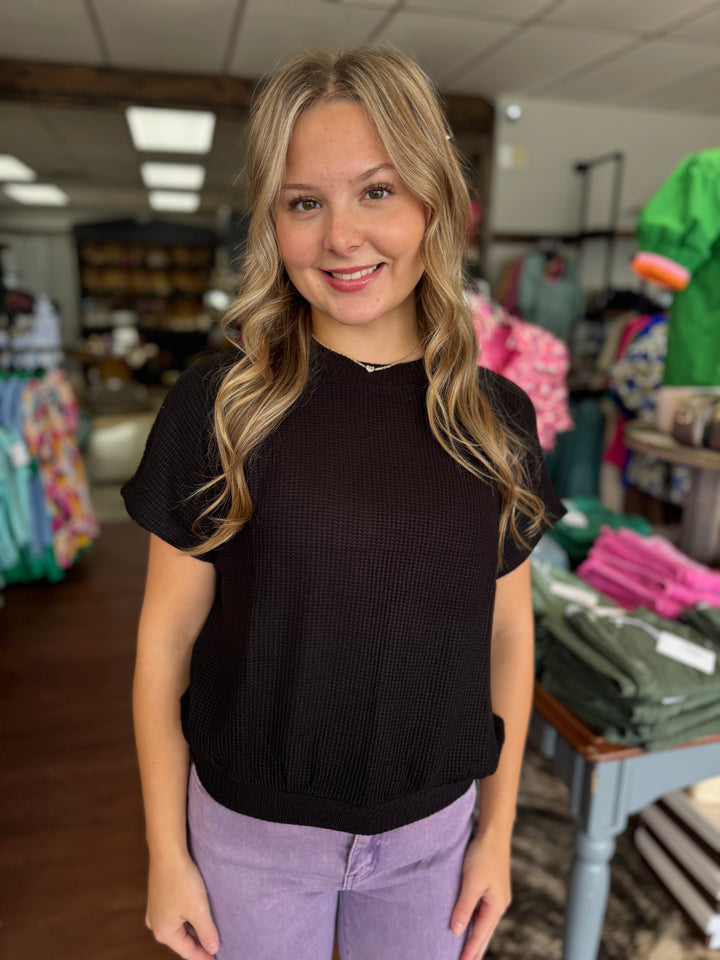 ROUND NECK BANDED BOTTON SHORT SLEEVE SWEATER TOP