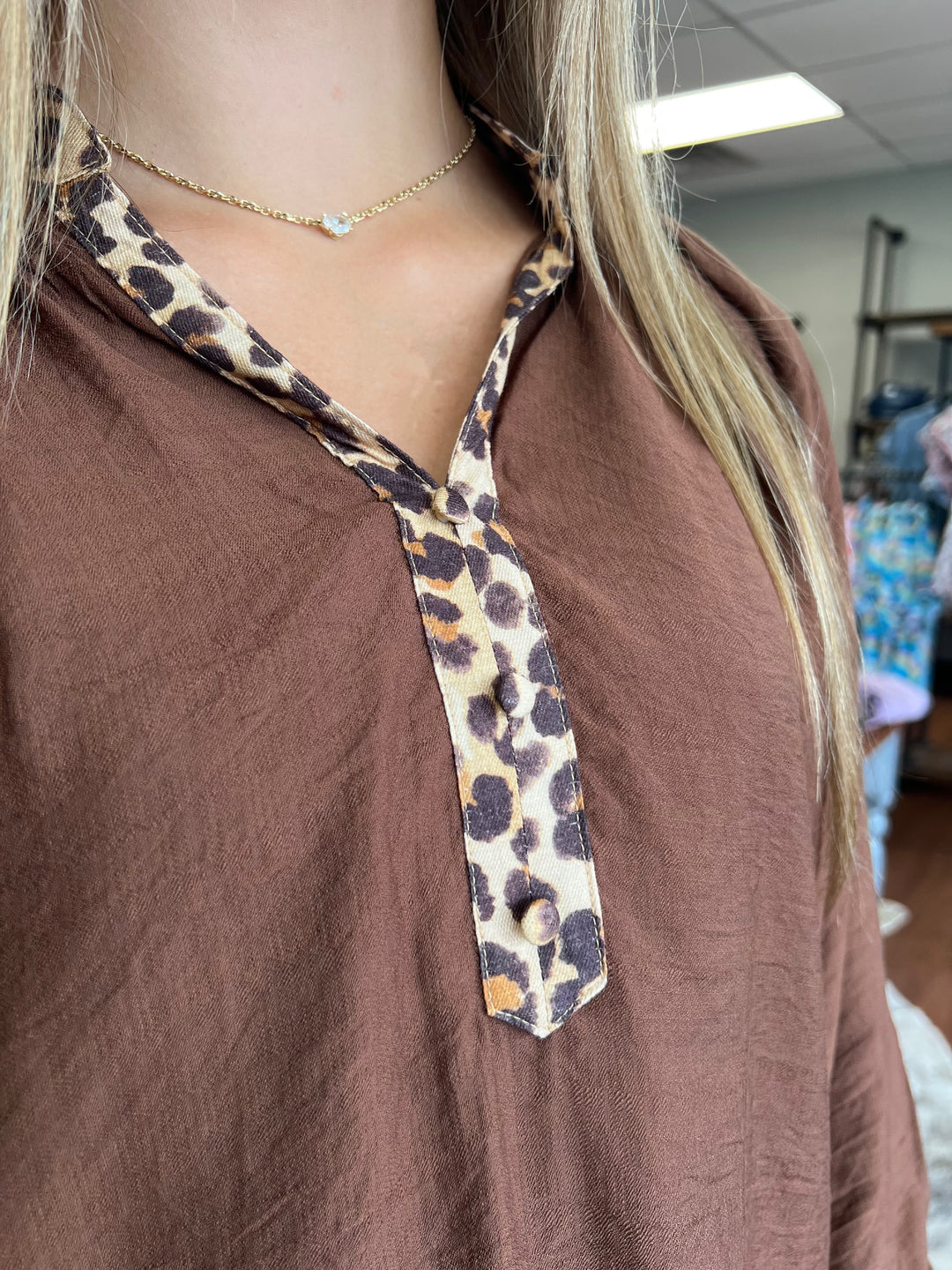 Brown Balloon Sleeve Blouse with Leopard Trim