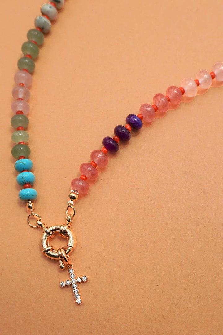 NATURAL STONE CHARM  SPRING CLASP BEADED NECKLACE | 40NK9467