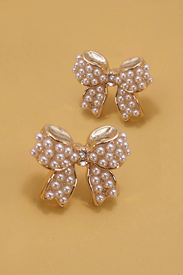 MINI PEARL BOW RIBBON GOLD EARRINGS | 80E5342