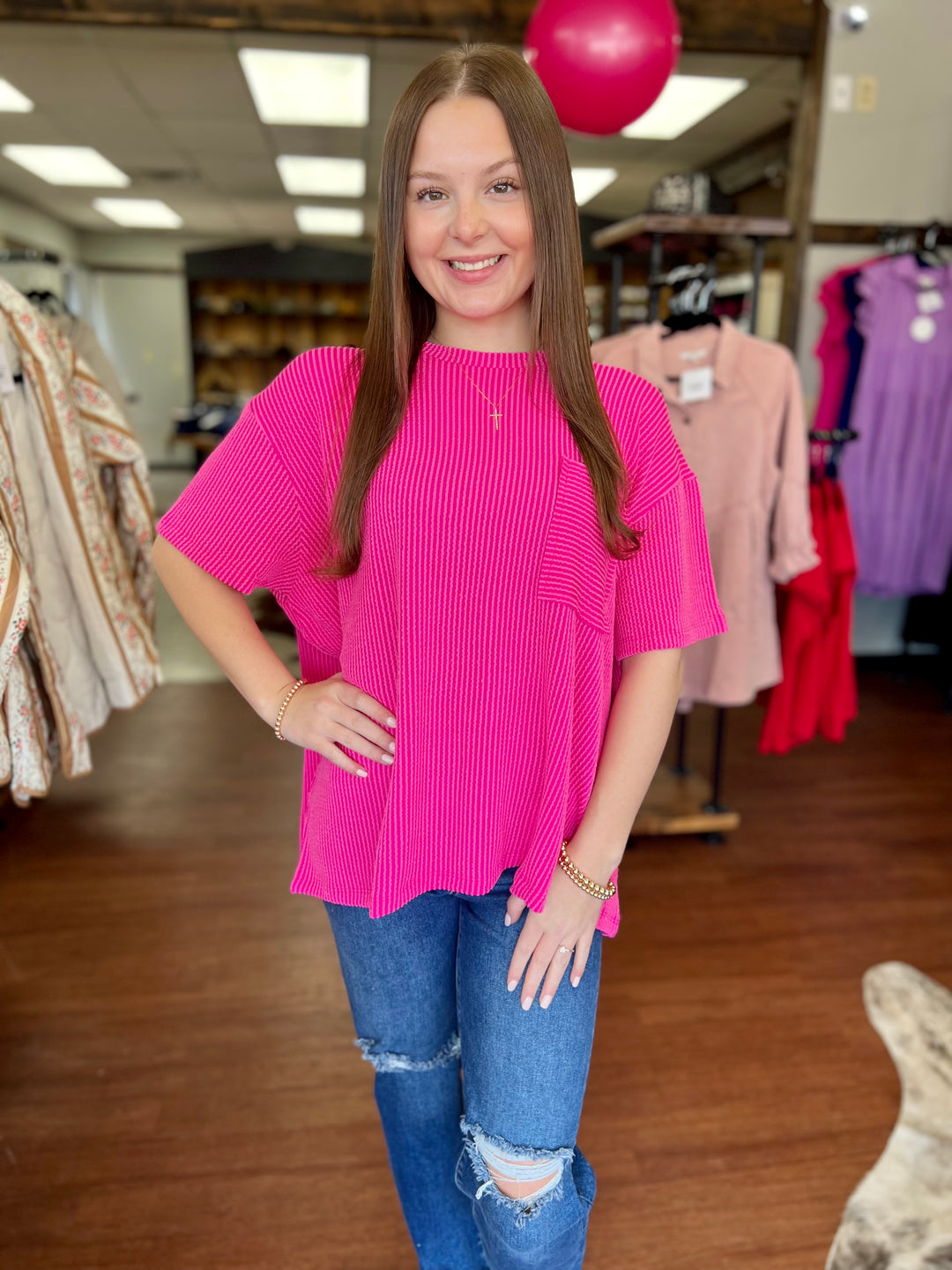 Callie Corded Rib Short Sleeve Pocket Top