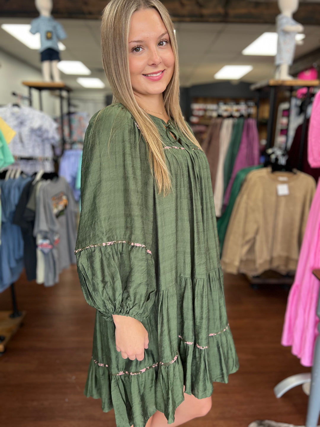 Olive Tiered Long Sleeve Mini Dress