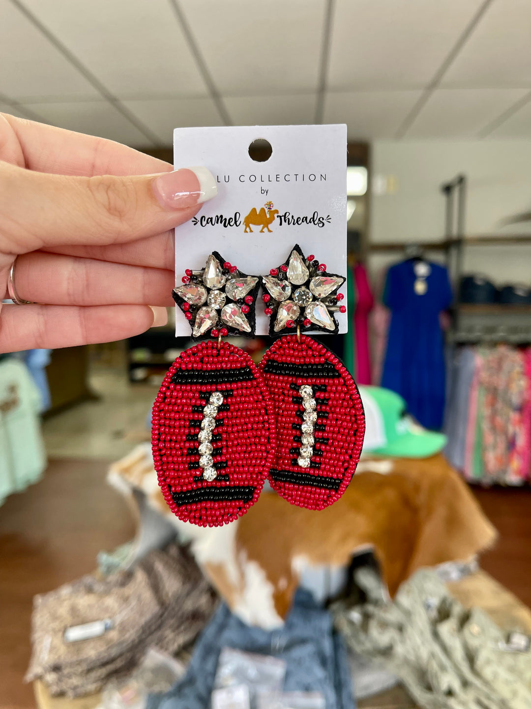 Red & Black Beaded Football Earrings