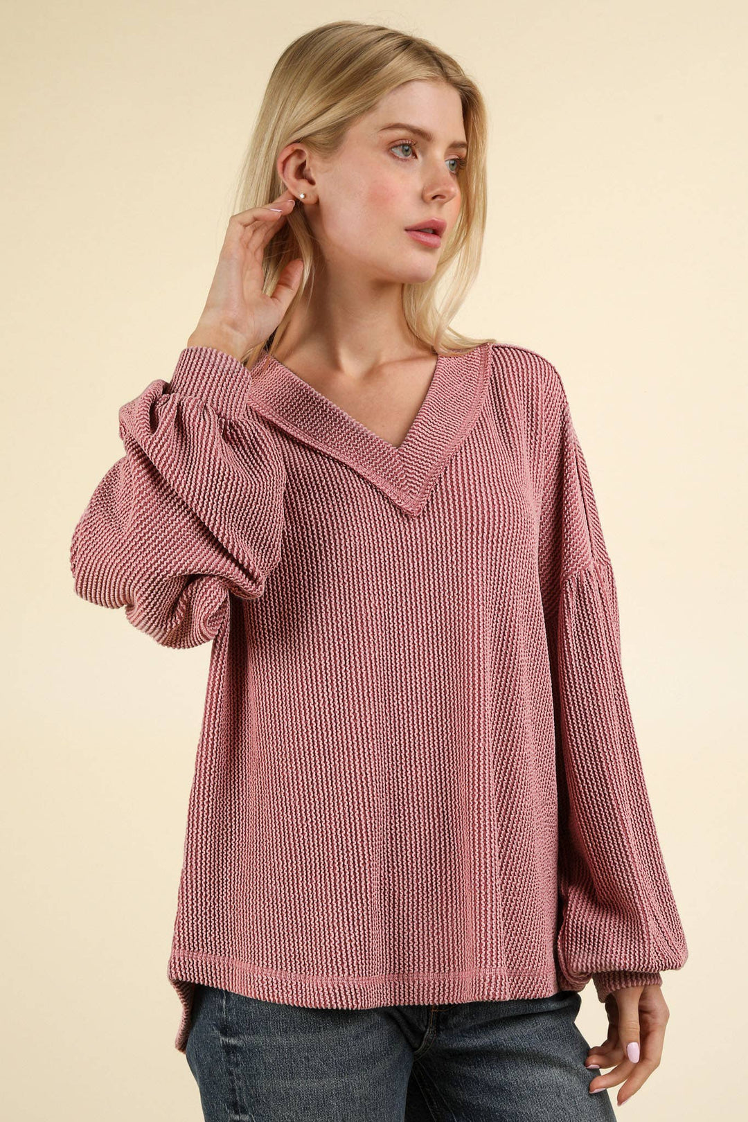 Two Tone Otto Ribbed V-Neck Oversized Knit Top