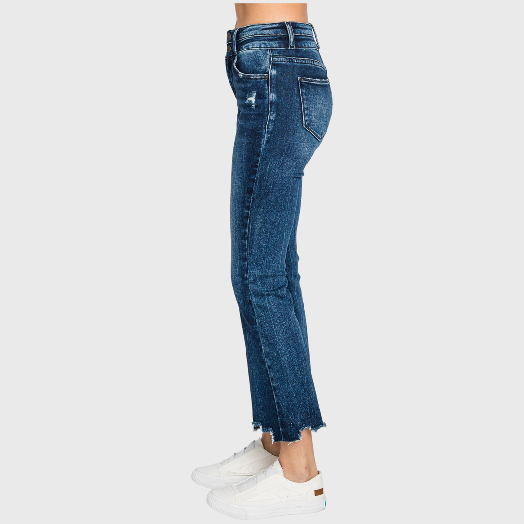 PETRA HIGH RISE CROP BOOTCUT JEANS W/ FRAYED HEM