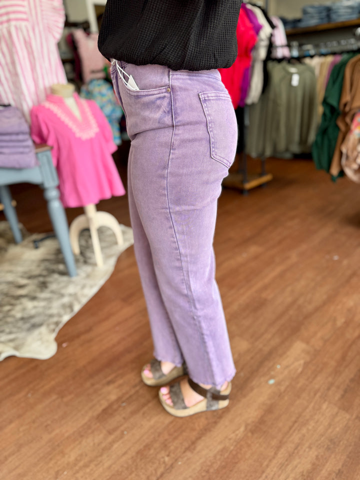 Ally Acid Washed High Waist Frayed Hem Flare Crop Pants