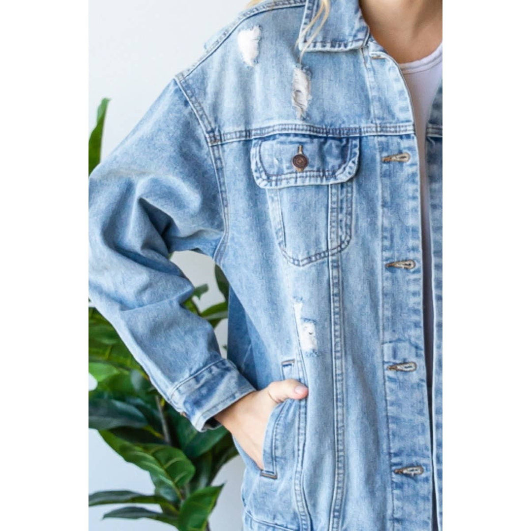 Plus Size Med Wash Distressed Classic Denim Jacket