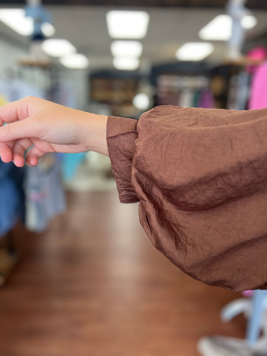 Brown Balloon Sleeve Blouse with Leopard Trim