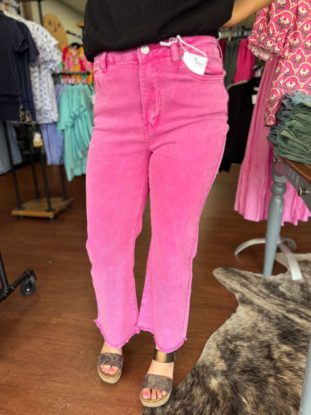 Ally Acid Washed High Waist Frayed Hem Flare Crop Pants