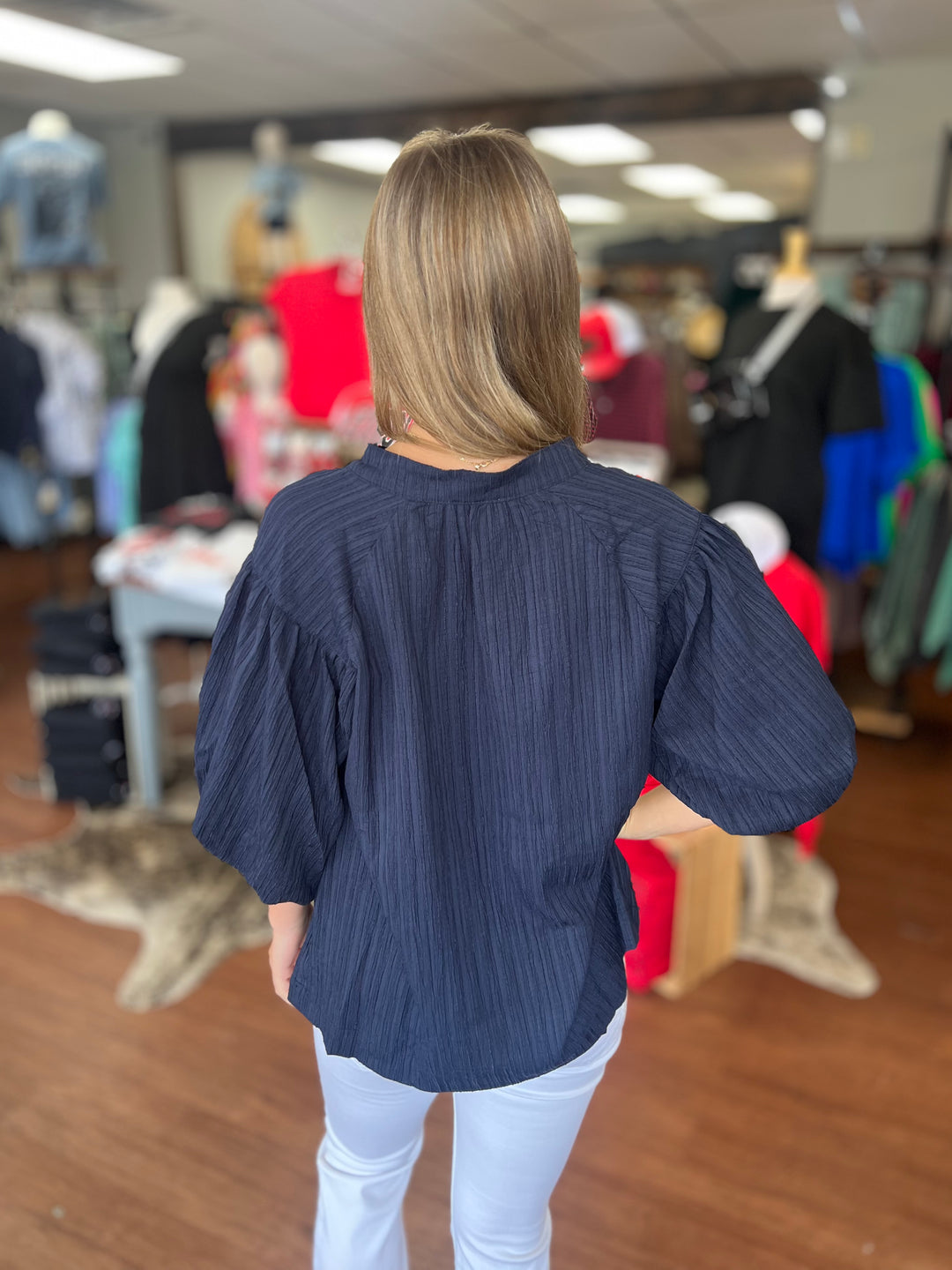 Navy Textured Puff Sleeve Blouse