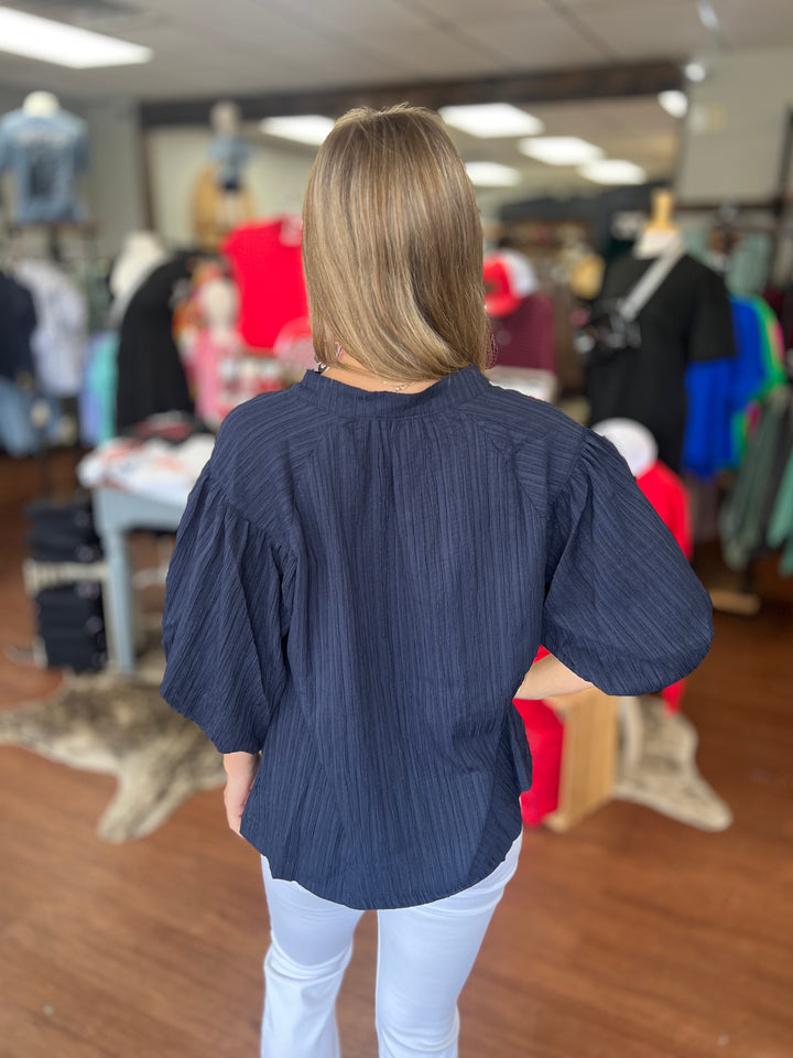 Navy Textured Puff Sleeve Blouse