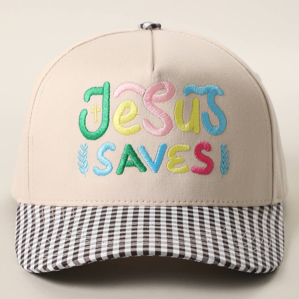 JESUS SAVES Embroidered Gingham Brim Trucker Hat