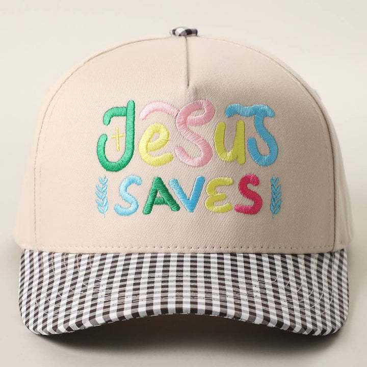 JESUS SAVES Embroidered Gingham Brim Trucker Hat