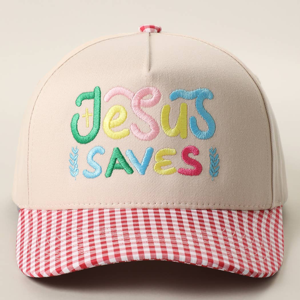 JESUS SAVES Embroidered Gingham Brim Trucker Hat
