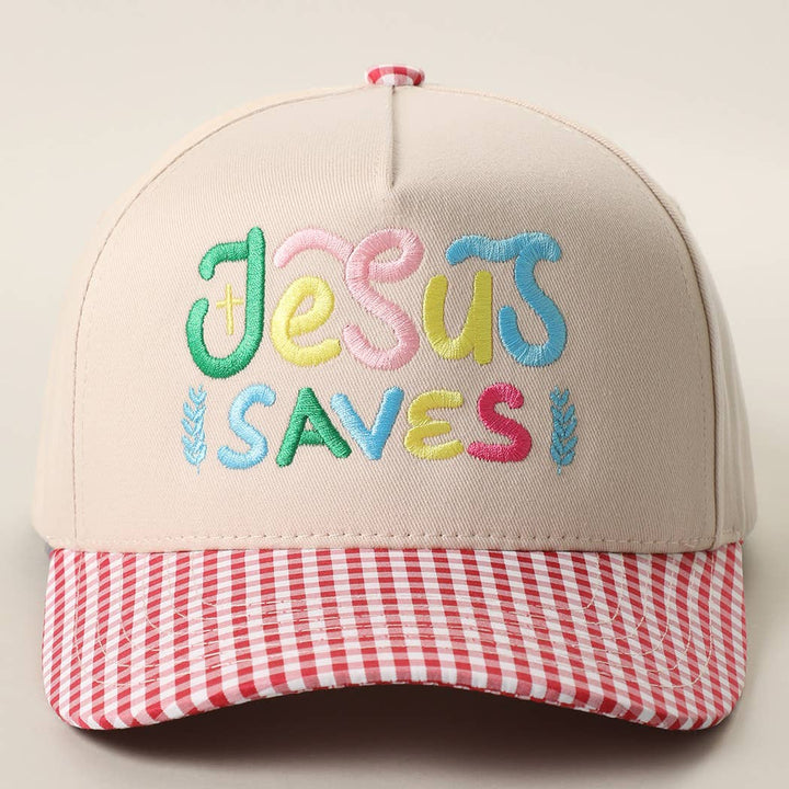 JESUS SAVES Embroidered Gingham Brim Trucker Hat