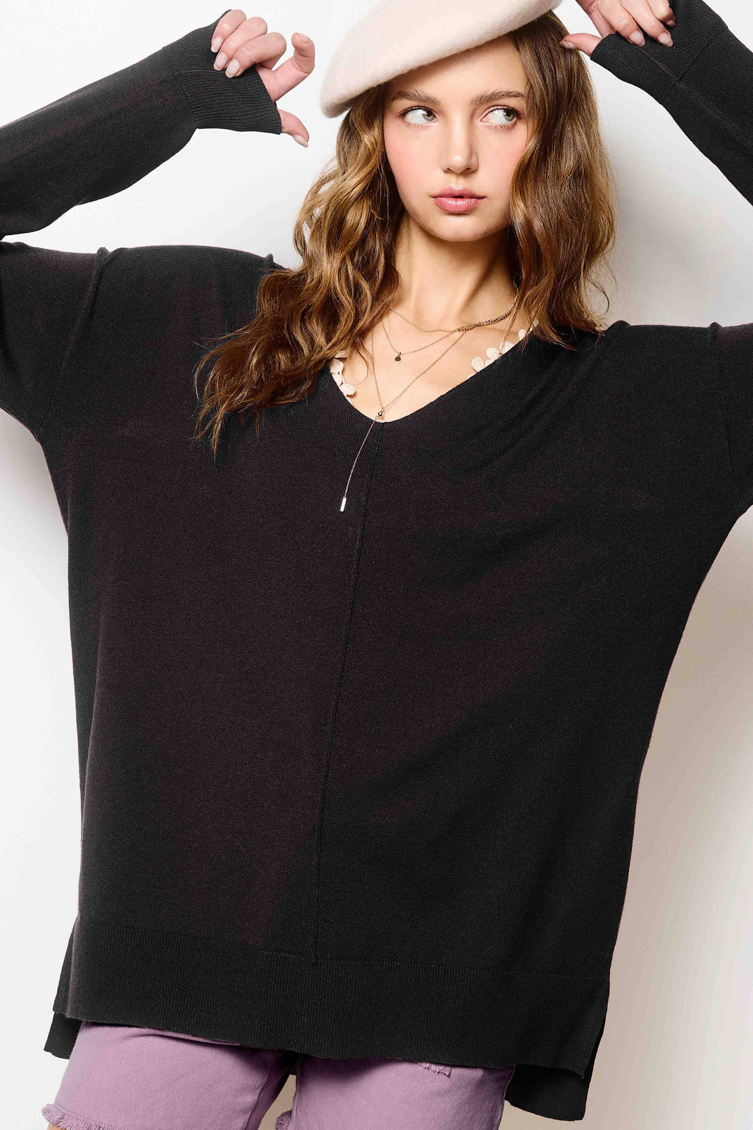 Stretchy V-neck Long Sleeve Lightweight Knit Top