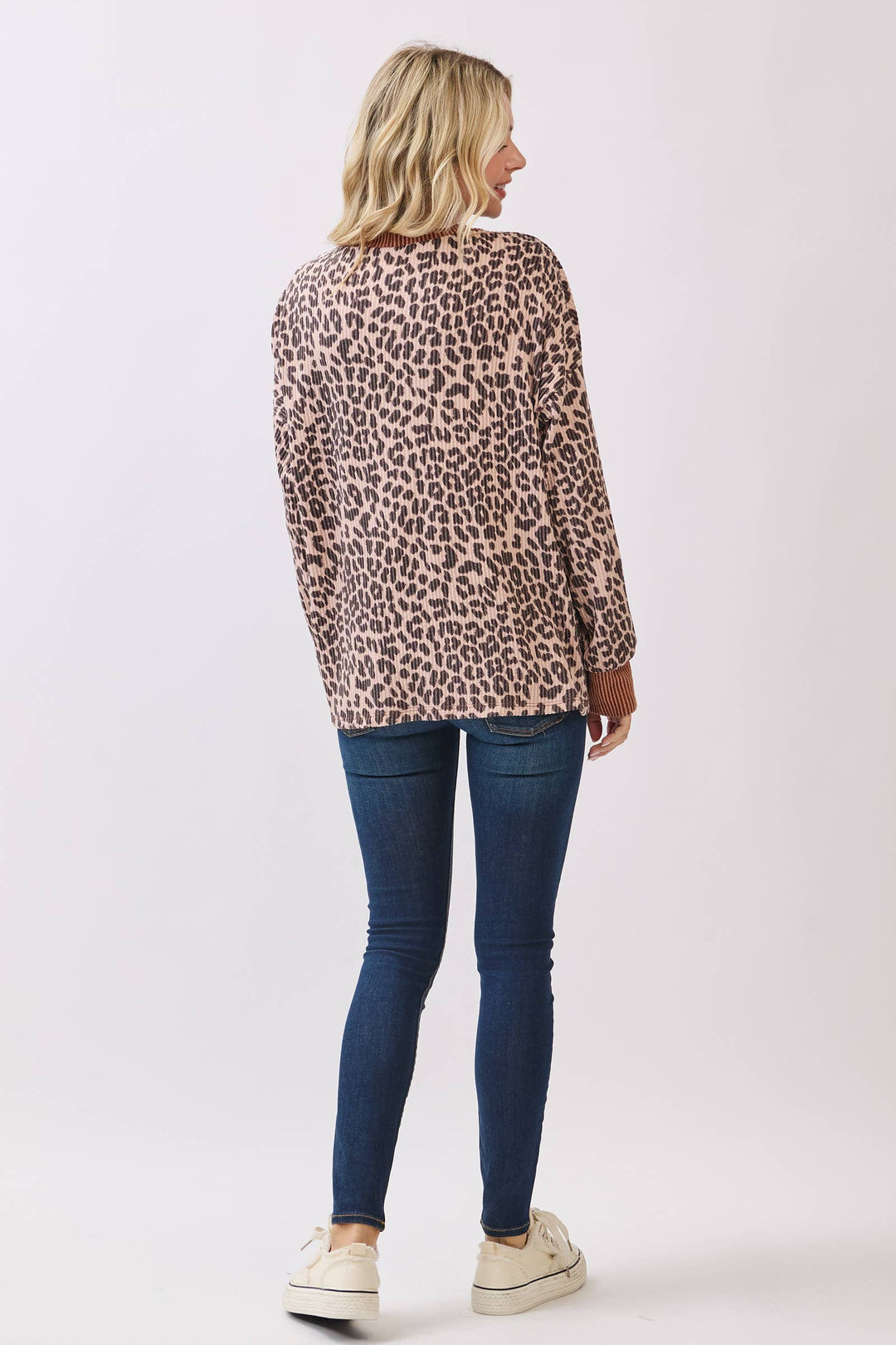 Rib Animal Print Drop Shoulder V Seam Long Sleeve Top