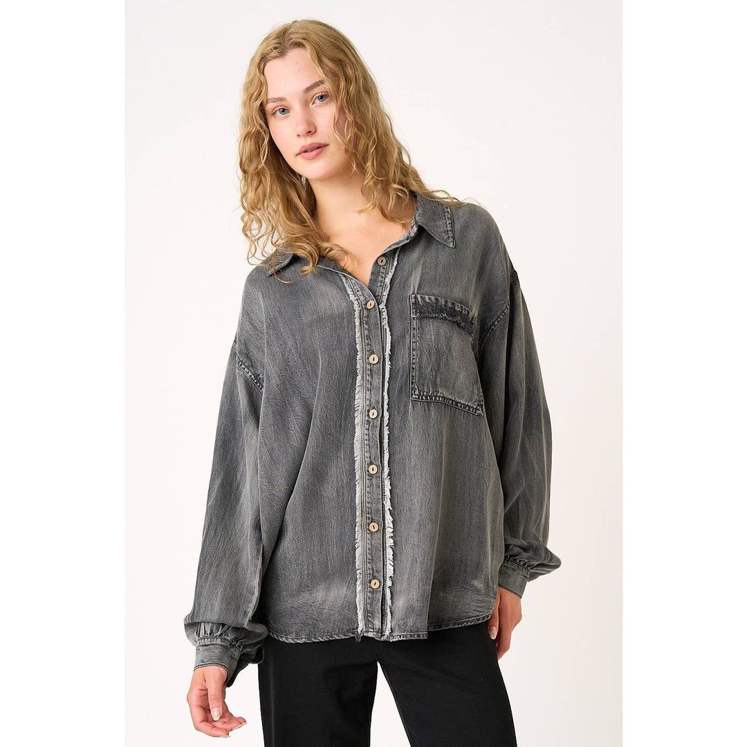 WASHED CHAMBRAY RAW EDGE FRILL BUTTON DOWN SHIRT