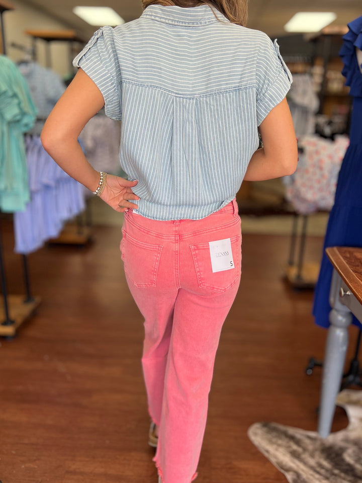 Ally Acid Washed High Waist Frayed Hem Flare Crop Pants