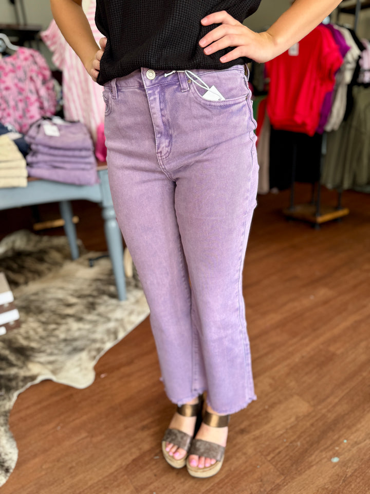 Ally Acid Washed High Waist Frayed Hem Flare Crop Pants