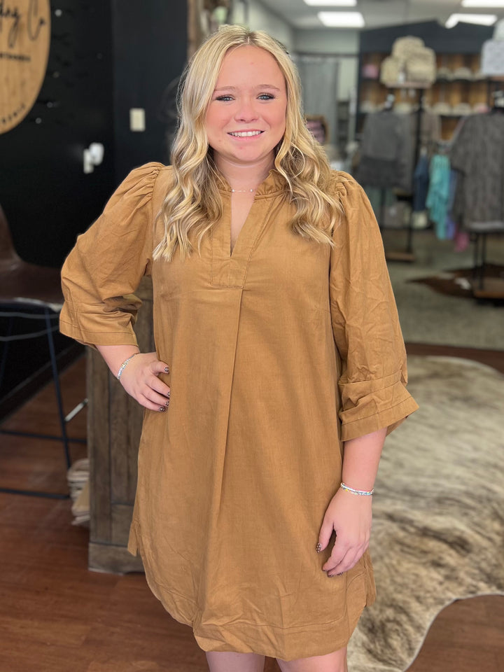 Corduroy Split Neck Puff Sleeve Shift Dress