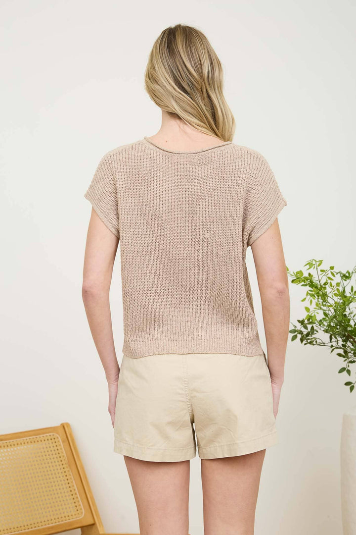 POPPI SPLIT NECK SHORT SLEEVE KNIT PULLOVER