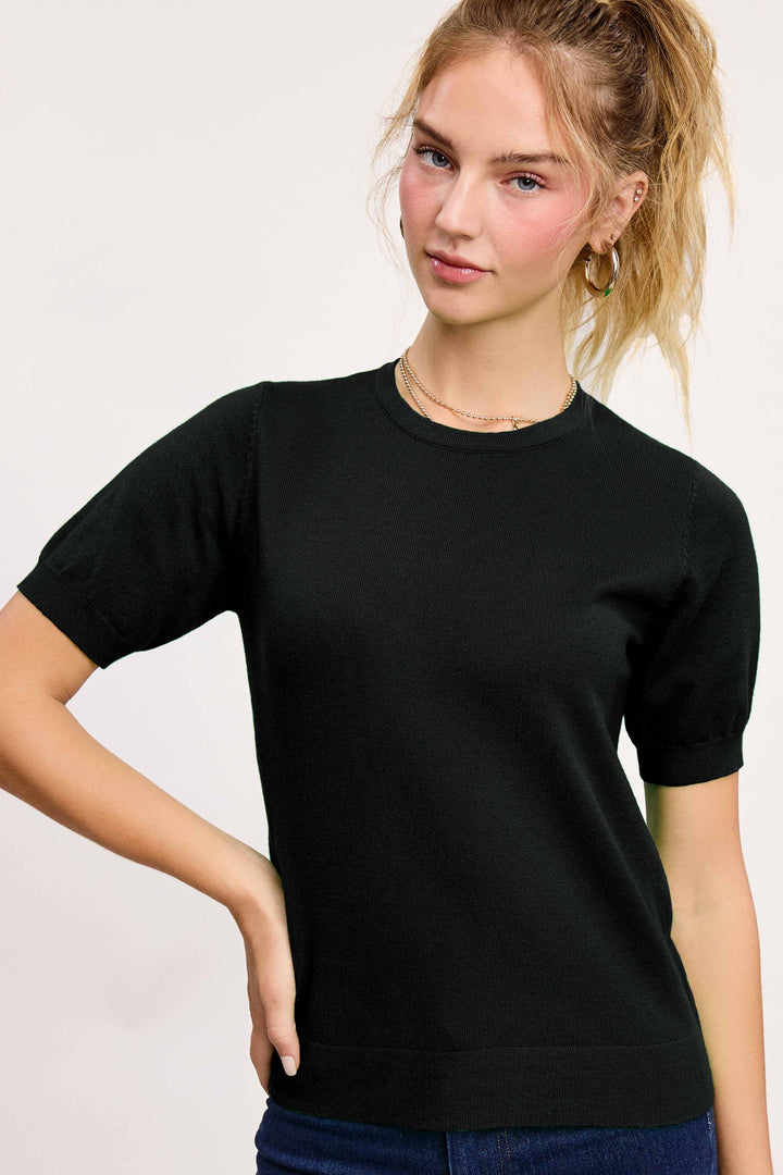 Sadie Soft Short Puffy Sleeve Basic Stretchy Knit Top