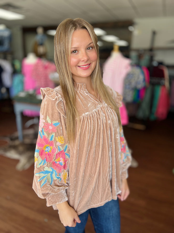 Velvet Embroidered Floral Top