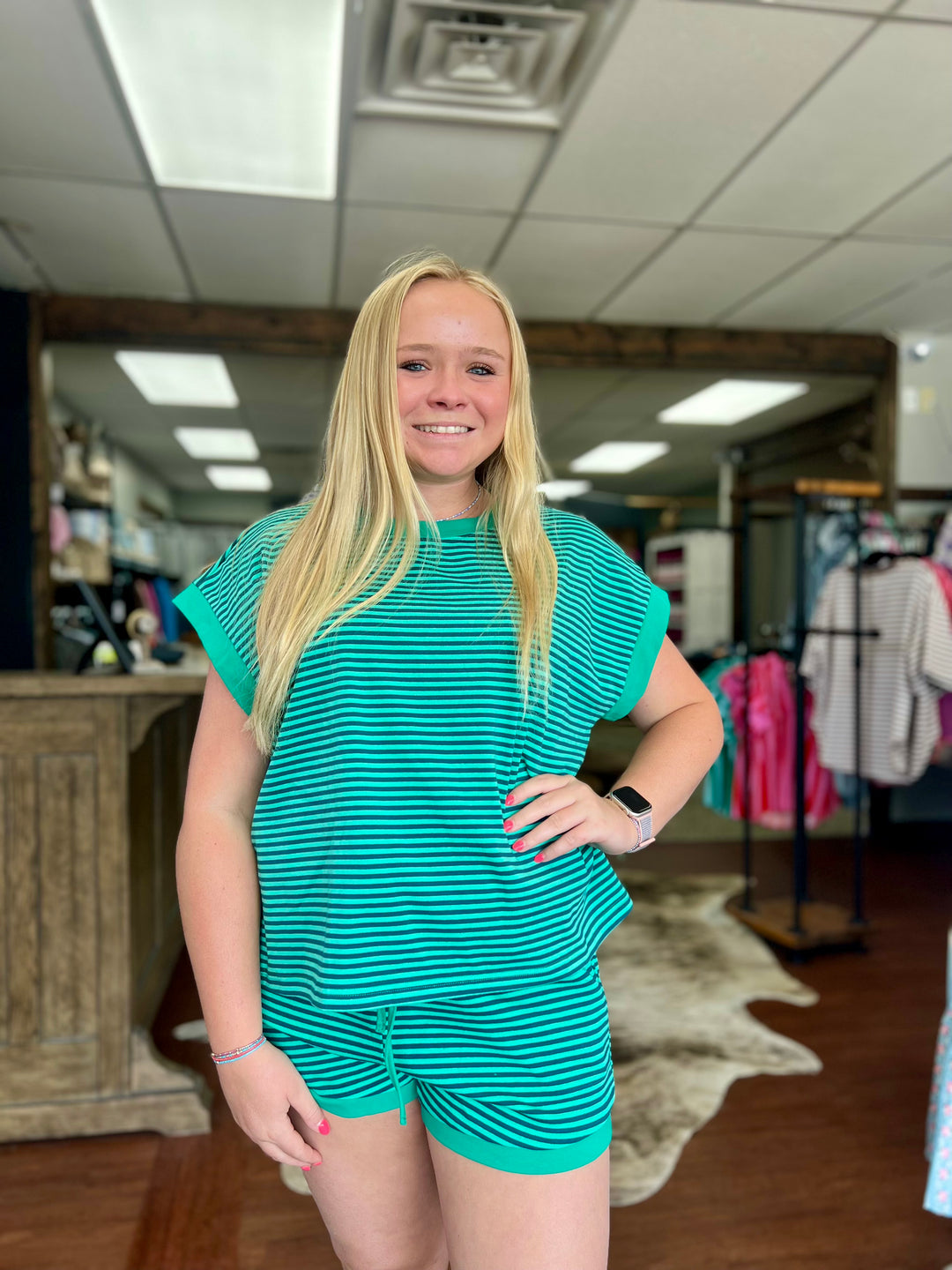 Striped Knit Top and Shorts Lounge Set