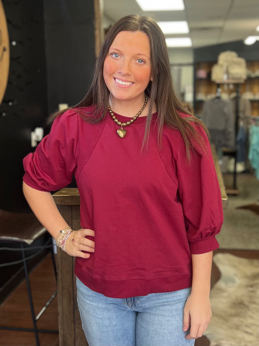 Burgundy Puff Sleeve Pullover Sweatshirt Top
