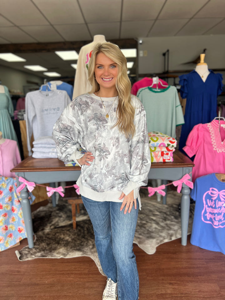 Camo Print Exposed Seam Patchwork Baggy Slit Sweatshirt