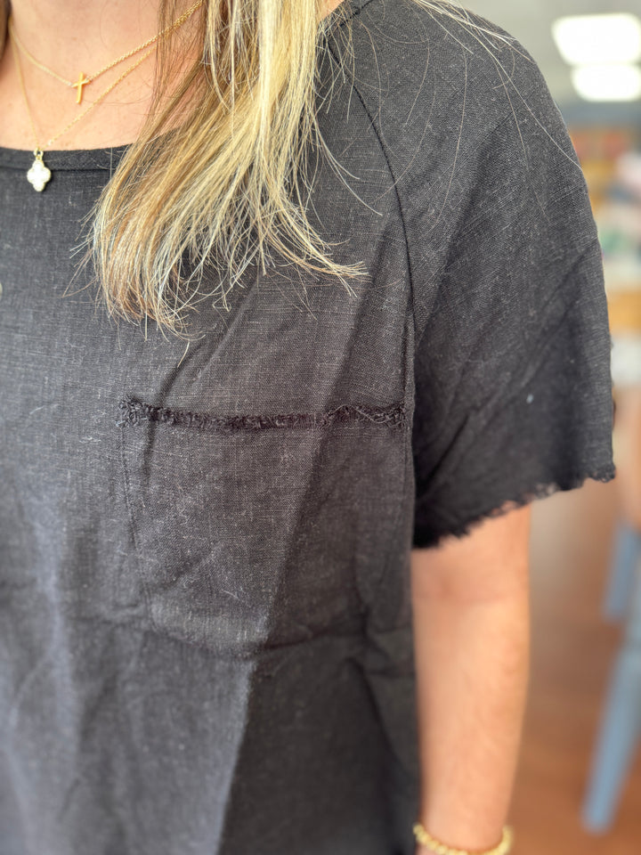 Linen Blend Pocket Top with Raw Hem