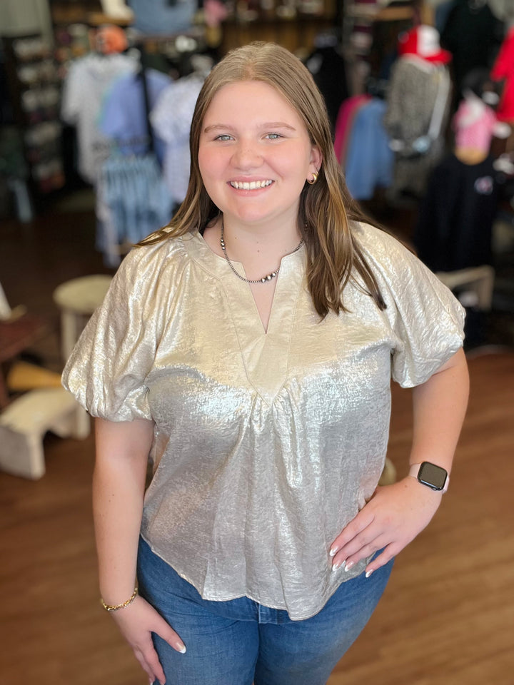 Metallic Puff Sleeve Blouse