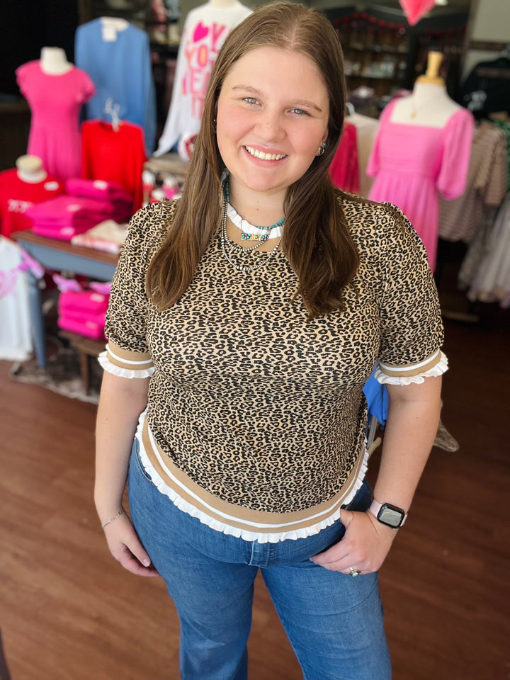 Leopard Print Knit Top with Contrast Trim