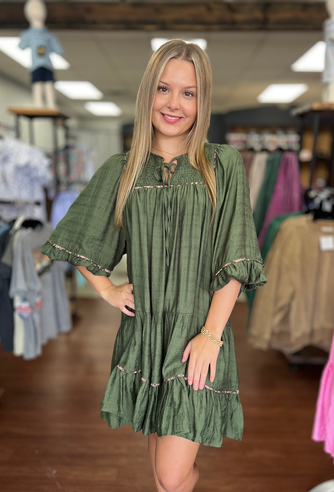 Tiered Long Sleeve Mini Dress - Olive S Tiered Long Sleeve Mini Dress - Olive S