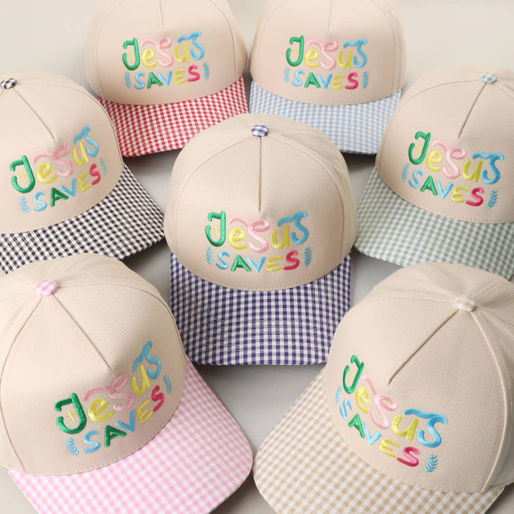 JESUS SAVES Embroidered Gingham Brim Trucker Hat