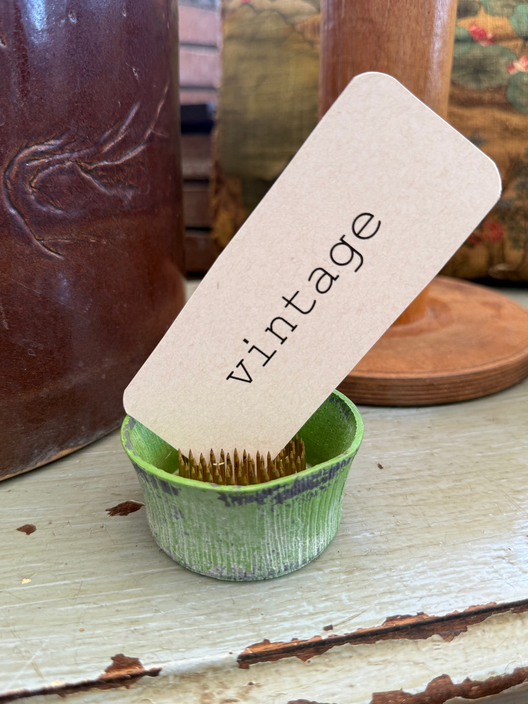 Vintage Green Flower Frog with Card