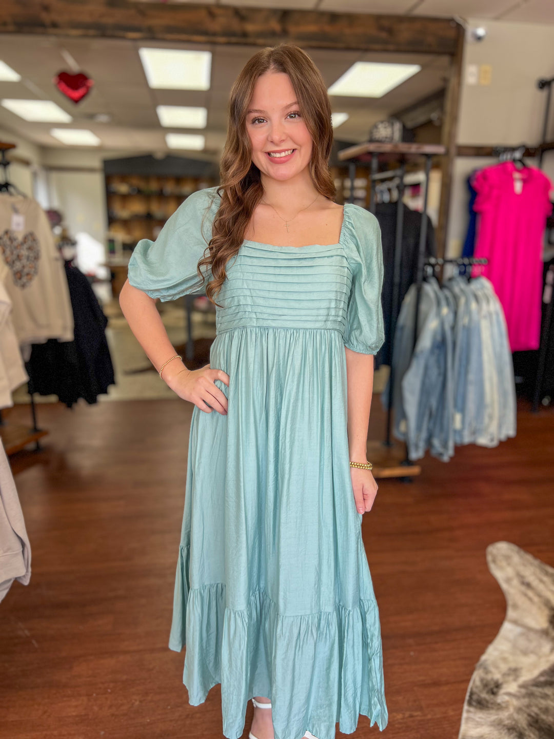 CHARLOTTE PLEATED EMPIRE WAIST PUFF SLEEVE MIDI DRESS CHARLOTTE PLEATED EMPIRE WAIST PUFF SLEEVE MIDI DRESS