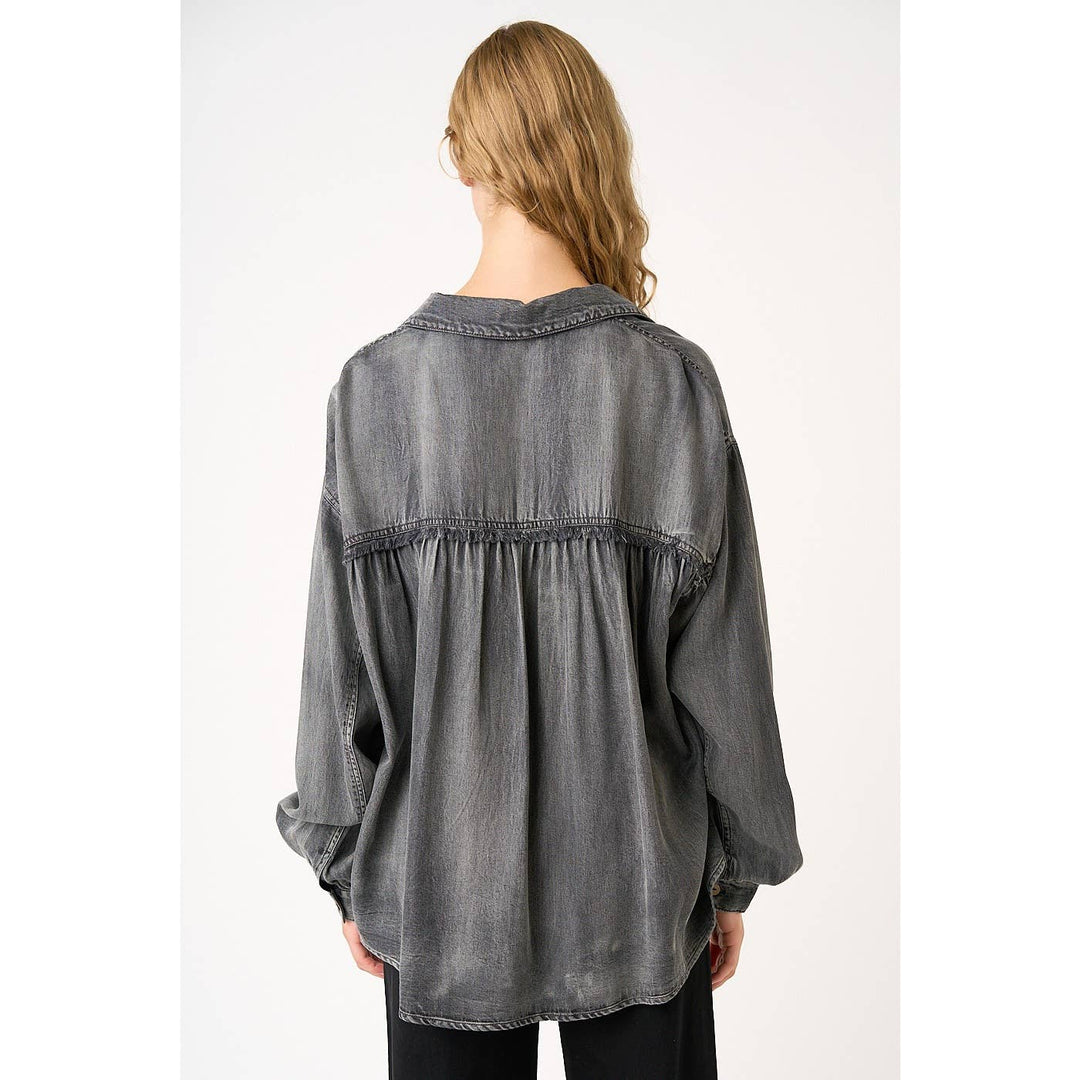 WASHED CHAMBRAY RAW EDGE FRILL BUTTON DOWN SHIRT