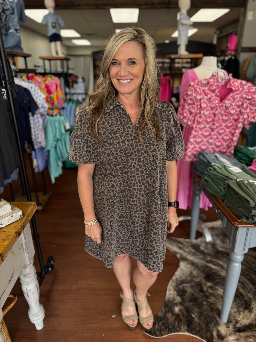 Stone Wash Leopard Print Mini Dress