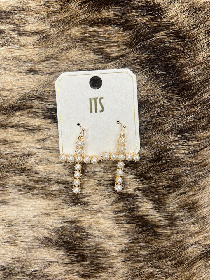 Pearl Cross Earrings 
Cream/Gold