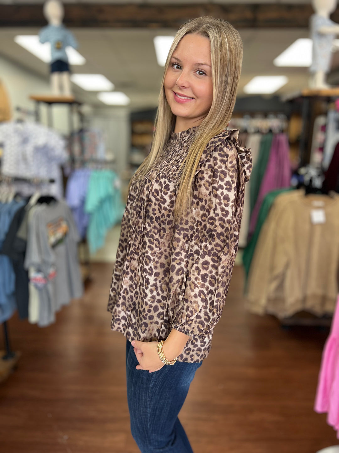 Smocked Leopard Print Ruffle Blouse