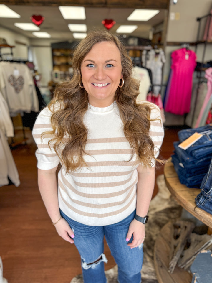 Cream Striped Short Sleeve Sweater Top