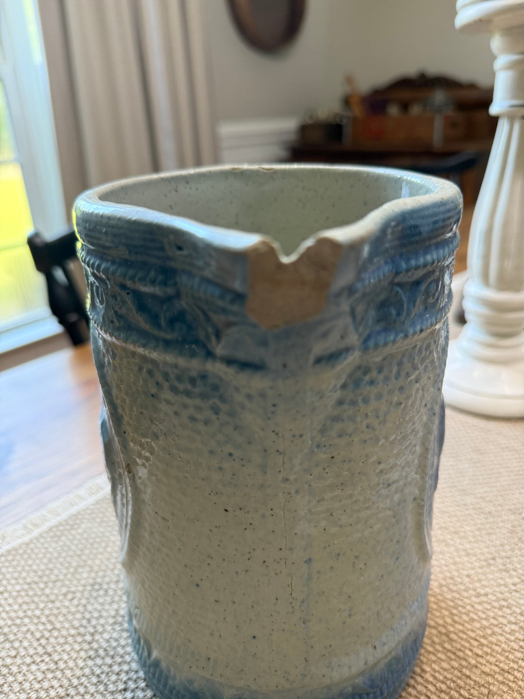 Antique Salt Glaze Pitcher Blue And White Stoneware