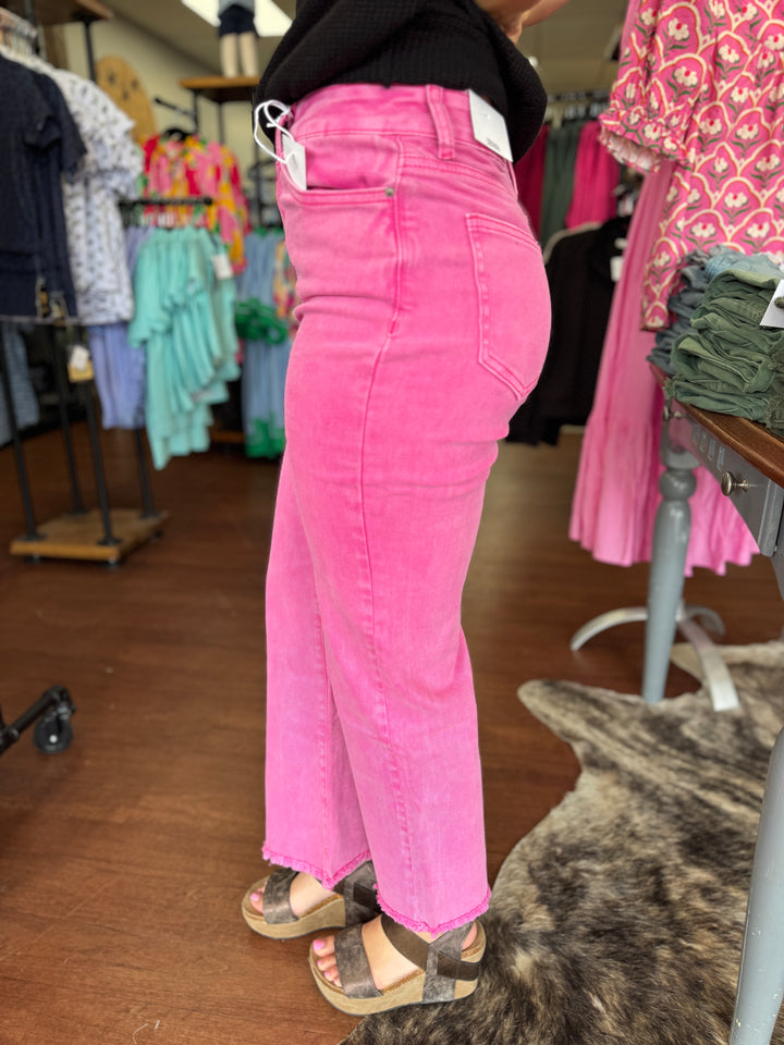 Ally Acid Washed High Waist Frayed Hem Flare Crop Pants