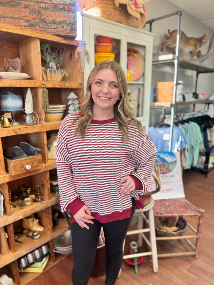 Stripe Ribbed Trim Long Sleeve Oversize Top